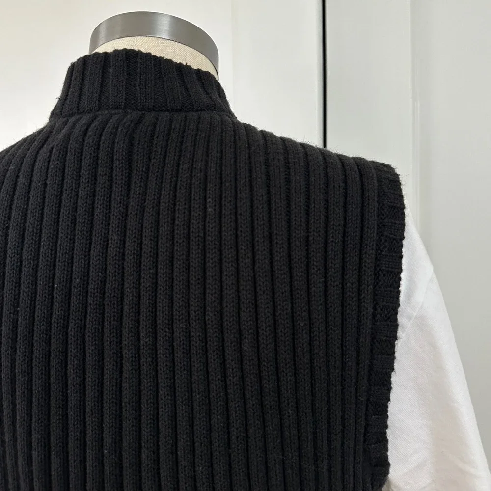 Christopher & Banks Black Suede Leather‎ Ribbed Knit Back Snap Front Vest Large